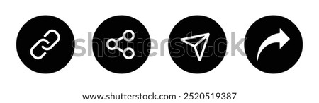 Share icon button set in black circle. Share icon set isolated on white background. Share icon button in flat design. Vector illustration.