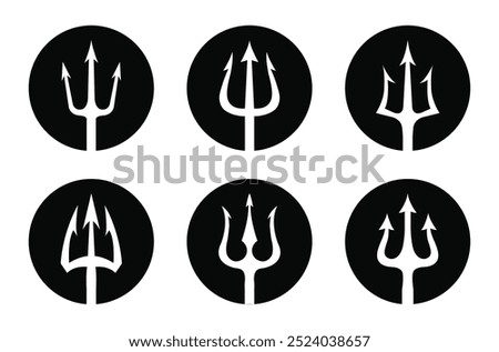 Trident vector icon set in black circle isolated on white background. Vector black logo set of tridents in circle Triton, Neptune, Poseidon. Vector illustration.