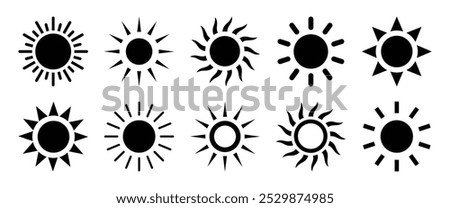 Sun icons. Sun vector icon set in black color isolated set. Set of 10 suns icon collection in black color. Solar summer icon isolated on white background. Flat design. Vector illustration.