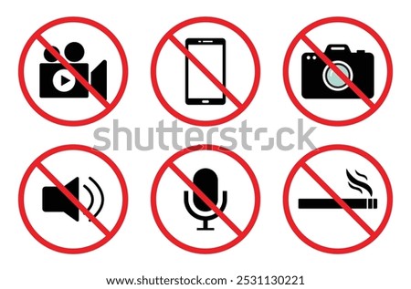 No smoking, videography, cell phone, video camera, mute and speaker sign symbol isolated set. Prohibited permission signs set isolated. Prohibited ban vector sign icon symbol set in red cross circle.