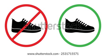 Allowed and prohibited shoes icon red and green circle isolated. Prohibited shoes icon. Sneakers icon sign symbol. Vector illustration.