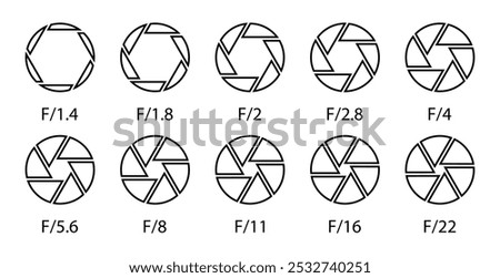 Camera aperture icon symbol set in black color outline style. Shutter camera aperture lens icon set in line design. Camera lens diaphragm row with aperture value numbers. Vector illustration.