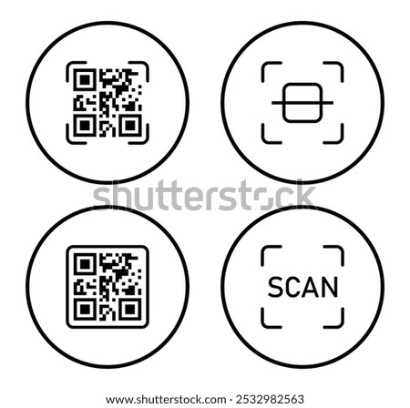 Set of digital scanning qr code icons isolated on a white background. Barcode scanner icon. QR code for payment. QR codes scan in black color flat styles for smartphone. Outline style vector icons.