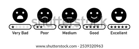 Rating emoji icon set. Feedback rating emoji icon set in black color. Feedback emoticons emojis icons. Customer satisfaction rating scale with good and bad emotions. Vector illustration.