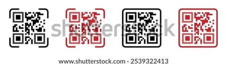 Barcode scanner icon symbol set red and black color isolated. Qr code icon set. Scan code sign product reader icons. Barcode scanner icon. Qr code for payment. Vector illustration.