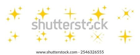 Sparkle star vector icons set. Star icons vector set. Shine or sparkle vector set of ten various stars in yellow color on white background. Vector illustration.