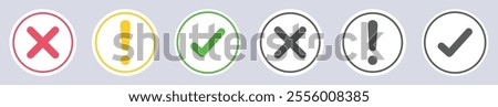 Set of round check mark, exclamation point, x mark icons isolated. Check mark, exclamation point, cross mark icons set with green, yellow and red color. Flat or outline style. Vector illustration.