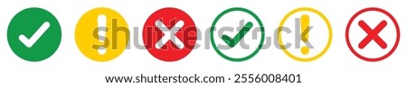 Set of round check mark, exclamation point, x mark icons isolated. Check mark, exclamation point, cross mark icons set with green, yellow and red color. Flat and outline style. Vector illustration.