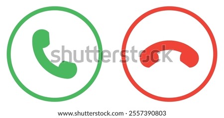 Set of green and red phone call icon button. Accept and decline, answering and rejecting phone call icon button. Mobile phone incoming call icon outline style. Vector illustration.