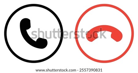 Set of black and red phone call icon button. Accept and decline, answering and rejecting phone call icon button. Mobile phone incoming call icon outline style. Vector illustration.