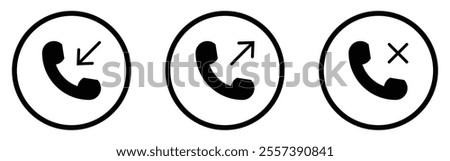 Incoming, outgoing, and missed call vector icon set with black color outline style. Phone call receive icons sign symbol isolated. Collection of buttons for the phone call users. Vector illustration.