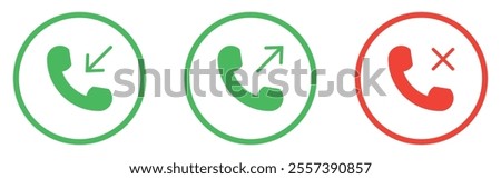 Incoming, outgoing, and missed call vector icon set with green and red color outline style. Phone call receive icons sign isolated. Collection of buttons for the phone call users. Vector illustration.