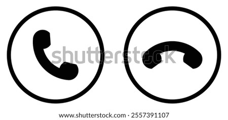 Phone call icon button set with black color isolated. Accept and decline, answering and rejecting phone call icon button. Mobile phone incoming call icon button outline style. Vector illustration.