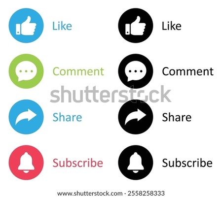 Like, Share, comment and subscribe icons buttons set with different colors. Like, thumb up, subscribe, comment, repost and share icon buttons. Social media icon set. Flat design. Vector illustration.