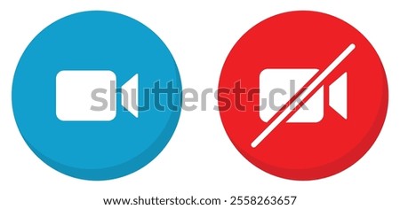 Video call and mute vector icon set. Mute video call icons button set in blue and red color with shadow. On and off video call icons buttons isolated. Flat design. Vector illustration.