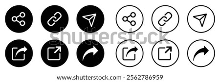 Share icons buttons collection. Share icon buttons set isolated. Share button icon set isolated on a white background. Share icon button flat and outline style. Vector illustration.