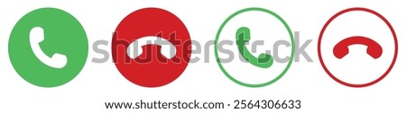 Incoming or outgoing phone call sign symbol isolated. Phone call icon answer, accept and decline call icons buttons red and green color. Flat design. Vector illustration.