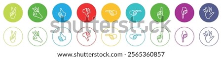 Hand gesture big collection. Hand gestures in circle set with silhouette and line style. Hand gesture vector icon set different color. Hand poses gesture isolated. Flat design. Vector illustration.