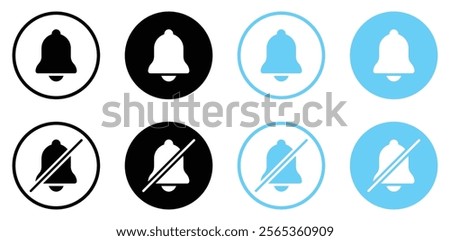 Notification bell off or on icon set black and blue color. Set of notification symbol in different style. Turn off and on, Mute or unmute notification bell icon set. Flat design. Vector illustration.