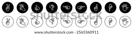 Hand gesture big collection. Hand gestures in circle set with silhouette and line style. Hand gesture vector icon set black color. Hand poses gesture isolated. Flat design. Vector illustration.