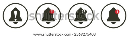 Notification bell icon set in circle outline. Incoming inbox message. Emergency alert bell icon. One new message. Ringing bell icons. Alarm sign symbol. Notification sign. Vector illustration.