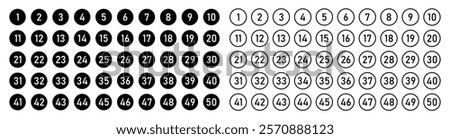 Set of 1 to 50 numbers simple design isolated. Typography set of rounds 1 to 50 Numbers. Bullet point number icons collection. Numeral typographic line and flat icons set. Vector illustration.