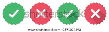 Starburst yes tick and no cross buttons. Profile verification with check marks and cross mark icons set in red and green color. Verified and unverified account sign. Flat design. Vector illustration.