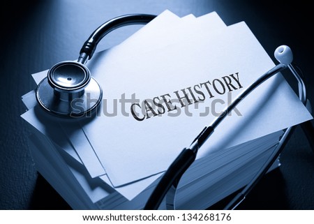 Case history and stethoscope in blue