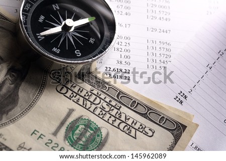 Budget, dollars and black compass