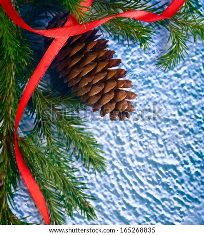 Background with fir and cone on blue snow