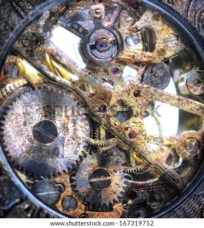 Clockwork inside mechanism in closeup