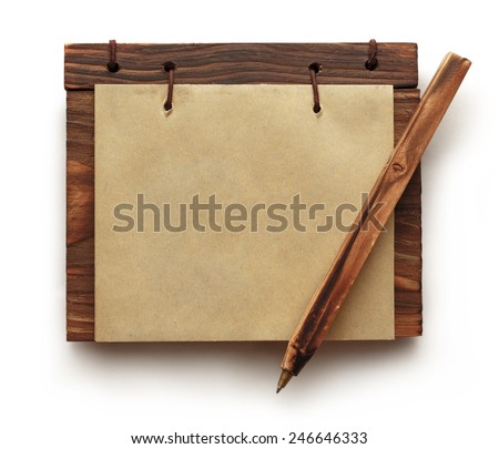 Blank paper notepad with wooden cover on abstract background