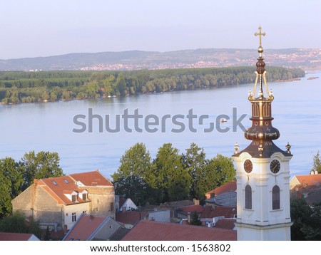 view from zemun, belgrade panorama, danube, old christian church.. Imagine de stoc © 