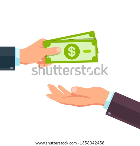 Pay for something, hand holds bills.. Drawing on white background. Modern flat style vector illustration clipart.