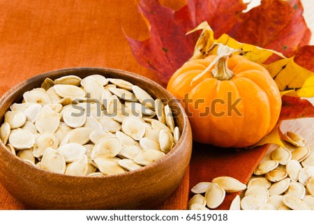 Colorful autumn still life of toasted pumpkin seeds in a wooden bowl with copy-space