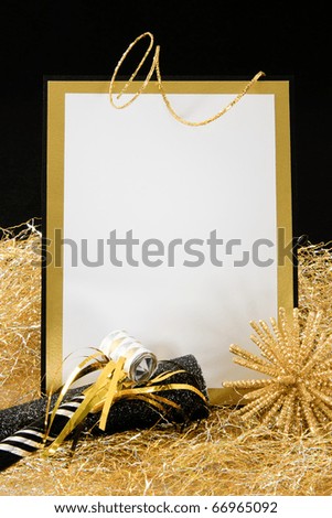 Black and Gold Blank Invitation or Sign with Copy-Space accented with Party Favors