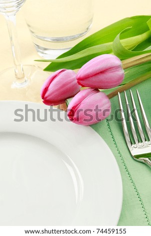 Three pink tulips grace a table setting in fresh Spring colors making a perfect background for Easter or Mother\'s Day promotions - ample copy space provided with the empty white plate