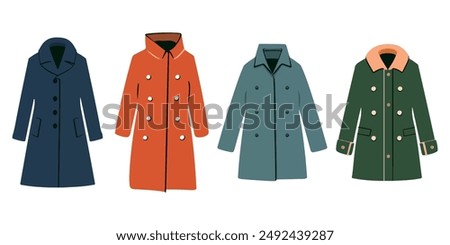 Female coat fashion set. Women's coat clothes collection. Fashion hand drawn doodle set. Winter outfit: down hooded coat, wool coats, vector illustration isolated on white background.