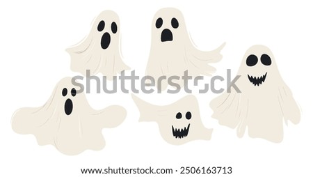 Halloween. Ghosts icon set. Collection of various scary and funny ghosts set isolated on a white background. Horrible funny ghosts in children's cartoon style