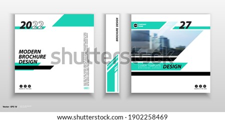 Business cover design, construction, office. Abstract brochure template. City. Title page, set. Green geometric design, figures, booklet, layout. Modern, logo, icon. Annual report, title. Ad text