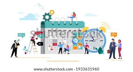 People planning concept. Entrepreneurship and scheduling with teamwork for the month, alarm. Business meetings and events, businessmen organise the process of working the office. Vector illustration