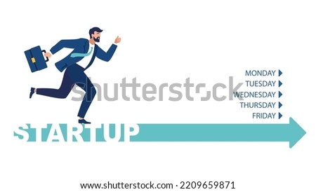 Infographics. Businessman running towards business goal, startup. Business presentation infographics, banner, template. Annual contract. Five-day working day, week. Vector, illustration, blue design