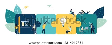 Business concept. Team metaphor. People connecting puzzle elements. Vector symbol of teamwork, cooperation, partnership. Concept of successful business. Vector illustration in flat design style, job