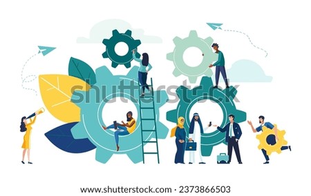 Business concept vector illustration. Business agreement with an Arab sheikh, Dubai. Mechanism links for little people.gears, people are engaged in business promotion, strategy analysis, communication