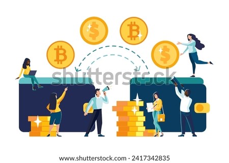 Vector illustrations. Financial transactions, penny transfers, banking transactions, great deals with coins, dollars and bitcoin. Business, ethnic people, African Americans, teamwork.Currency exchange