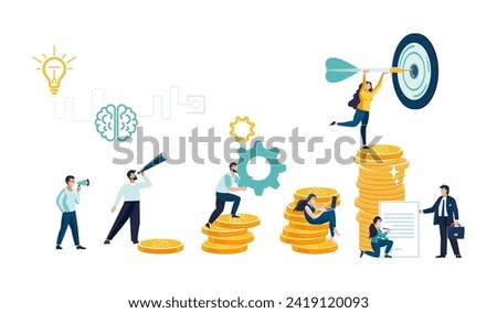 Goals objectives, business to grow and plan, financial growth, pennies, money. marketing, business mission concept. People planning success strategy, leadership. High earnings, cash reward, gold coins