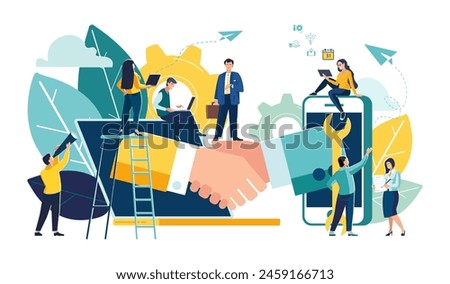 Online conclusion of the transaction. The opening of a new startup. Business handshake, via phone and laptop. Vector illustration in a flat style investor holds money in ideas online vector