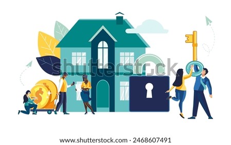 Vector illustration. Real estate and turnkey, buying a house by a family, security. People, business concept with houses in the village, real estate market growth.Exchange of living space presentation