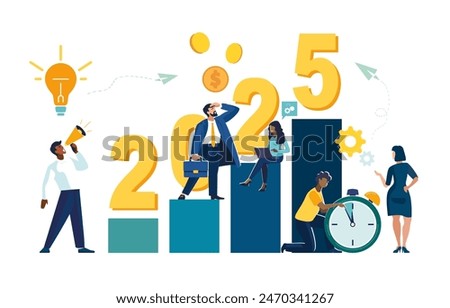 Business illustration 2025 the way to success in the new year. Career growth, the goal is achievable, the graph of financial growth. Happy New Year 2025. Businessmen, ethnic, people. African Americans