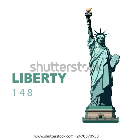 Vector illustration. USA Independence Day, Statue of Liberty monument, poster presentation. Green flat design template. USA holiday. National symbol of America New York, banner, advertisement, freedom